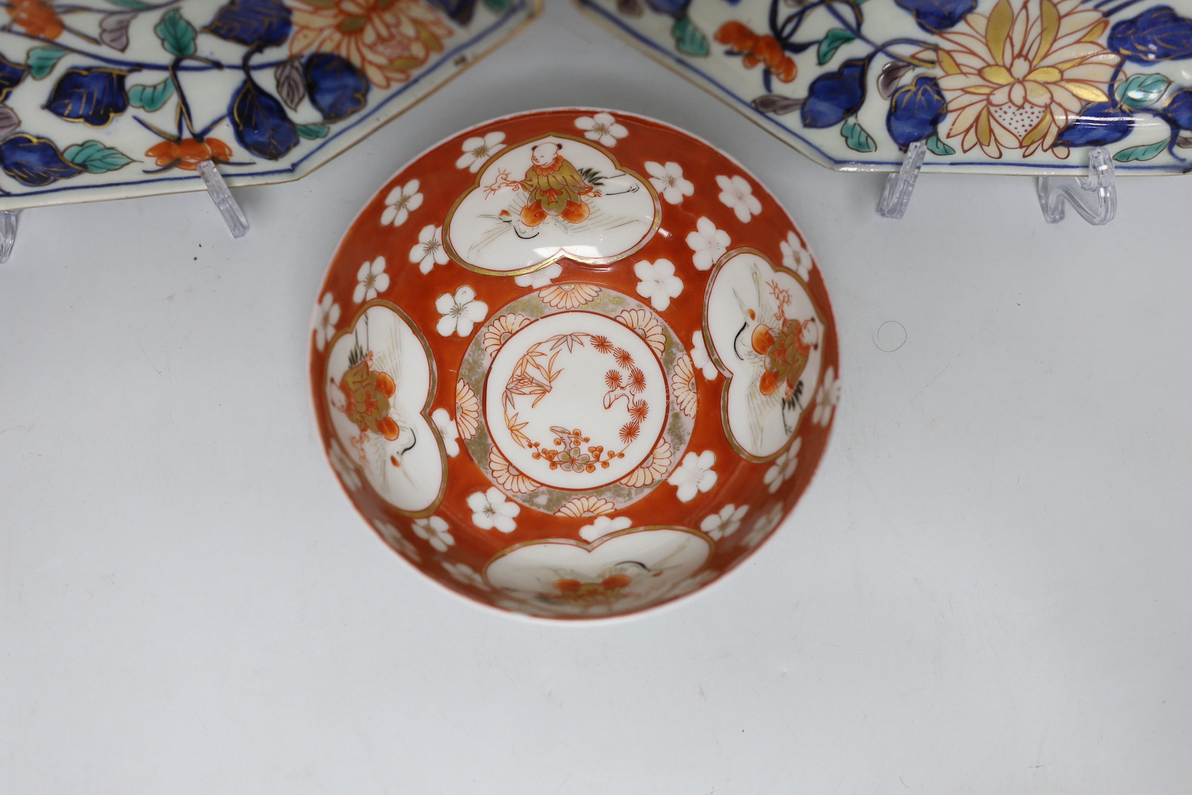 A Japanese Fukagawa bowl, and a pair of Imari octagonal dishes, largest 24cm diameter